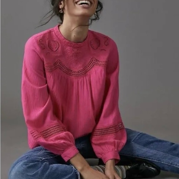 NEW Anthropologie Harmony Hot Pink Lace Embroidered Blouse￼ Size XSP - Picture 1 of 7